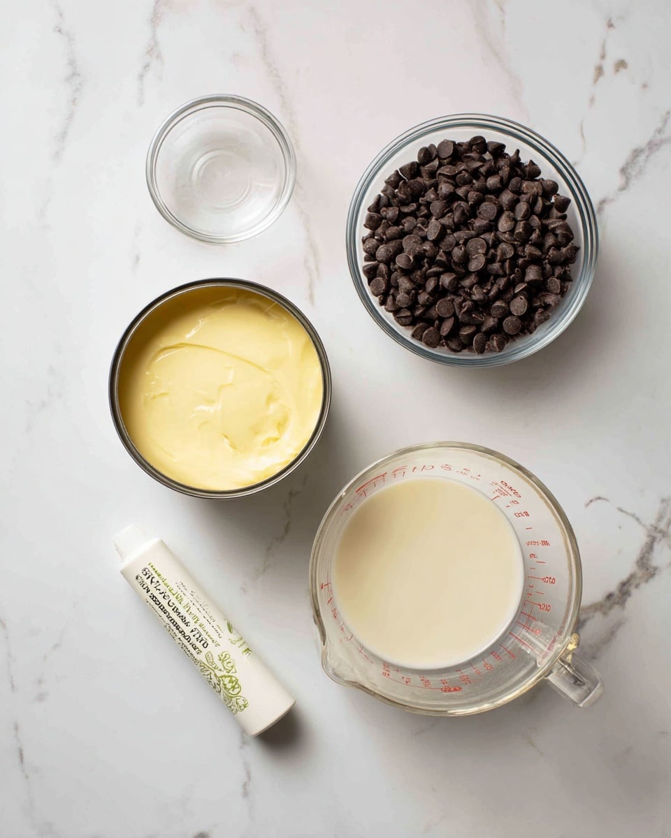 The image shows four main ingredients arranged neatly on a white marbled surface. On the top right side, there is a clear glass bowl filled with dark brown chocolate chips. Above it, there is a small empty clear glass bowl. At the bottom left, there is an open can filled with light yellow condensed milk, with the top opened showing the smooth texture. At the bottom right, there is a clear measuring cup filled with an off-white liquid, likely cream, with measurement markings on the side. A small white tube with green text lies diagonally between the top left and middle left areas. The setup looks clean and ready for use. Photo taken with an iphone --ar 4:5 --v 7