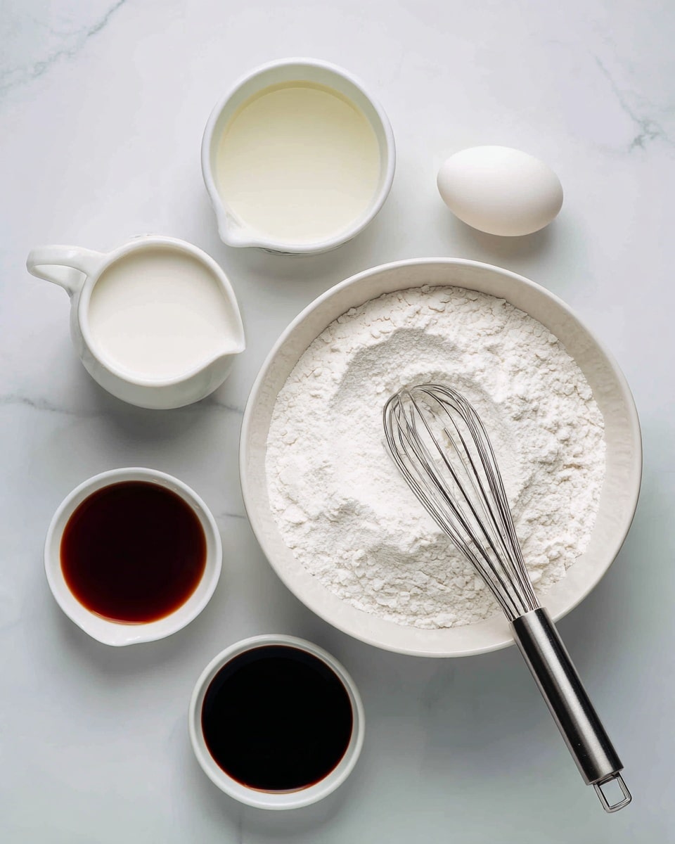The image shows baking ingredients neatly placed on a white marbled surface. At the bottom right, there is a large white bowl filled with white flour, with a metal whisk resting inside it. To the top left of the bowl, a measuring cup contains white milk. Above the milk is a small white bowl with clear liquid, likely oil, and above this bowl is a white egg. Below the milk measuring cup is another small white bowl filled with a dark syrup-like liquid. Everything is clean and arranged with space between the items, giving a neat and organized look. Photo taken with an iphone --ar 4:5 --v 7
