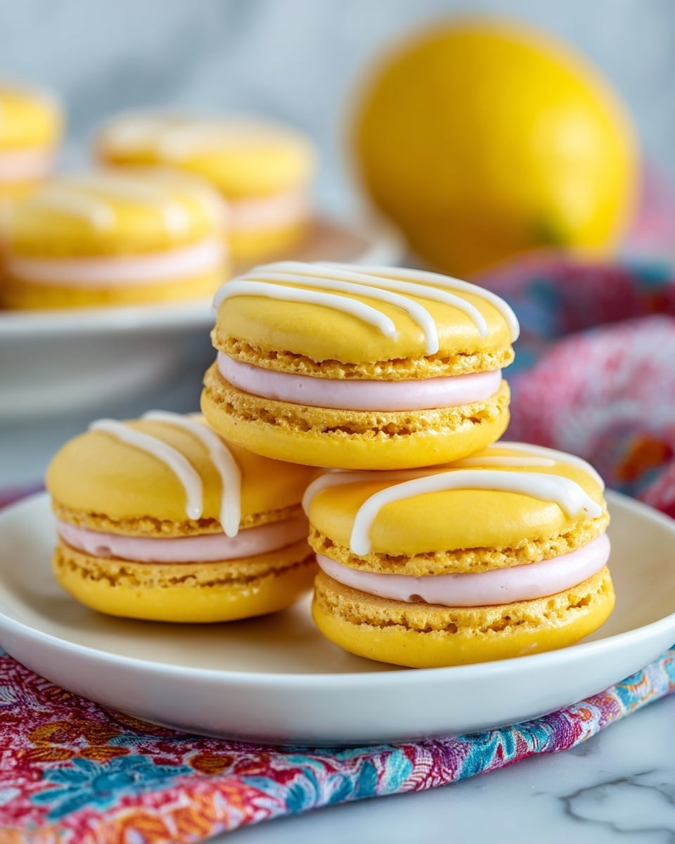 Three bright yellow macarons sit on a white plate with a scalloped edge, each made of two smooth, slightly shiny yellow shells with a rough ridge around the bottom edge, sandwiching a pale pink creamy filling. The macarons are decorated with thin white icing lines drizzled across the tops. In the blurred background, more macarons and a bright orange are visible. The plate rests on a blue and white patterned cloth over a white marbled surface. photo taken with an iphone --ar 4:5 --v 7