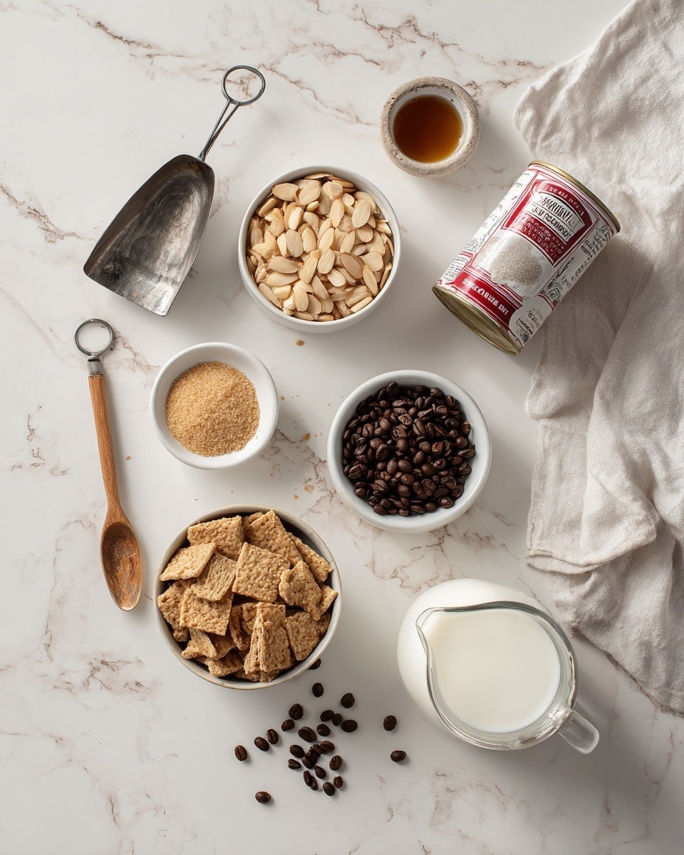The image shows several small white dishes and a glass jug placed on a white marbled surface. There is a round white dish filled with chopped almonds at the top left, and below it, a similar dish full of crushed brown pieces that look like biscuits or crackers. To the right of the almonds, a small white bowl holds dark brown ground coffee. Above this, a small white bowl contains light brown sugar with a visible dusting texture. A few scattered coffee beans are around the bowls. A can of sweetened condensed milk with red and white label is placed on the top right. On the bottom right, there is a clear glass jug filled with white milk next to a light cloth napkin. Above the almonds, an antique metal scoop with a wooden handle rests on the surface. At the bottom left, a tiny white dish has a brown liquid inside, which looks like vanilla extract. The photo taken with an iphone --ar 4:5 --v 7