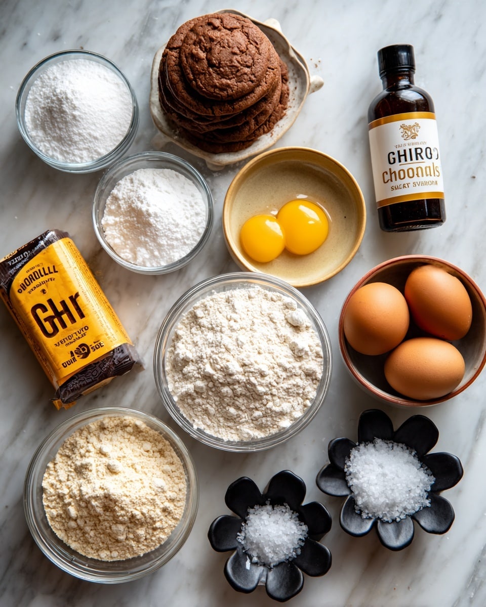A top view of baking ingredients on a white marbled surface shows six clear glass bowls arranged in a loose circle, filled with white sugar, cocoa powder, all-purpose flour, baking soda, and baking powder. A tan bowl on the right holds two brown eggs. Between the bowls, a stick of unsalted butter in white and red packaging lies next to a yellow Ghirardelli semi-sweet chocolate bar with a stack of chocolate cookies on the wrapper. At the top right corner, a small brown bottle with a white