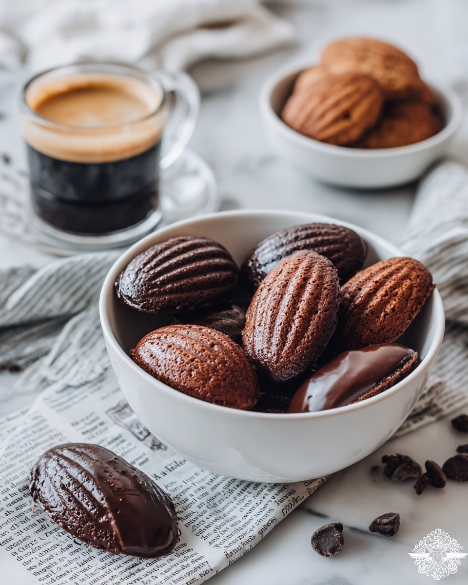 A white bowl filled with about ten dark brown chocolate madeleines, some smooth and some with a light texture on top, two of them half dipped in milk chocolate showing a shiny layer, sits on a newspaper-covered surface with a white marbled texture underneath. Scattered chocolate chips and a few more madeleines around the bowl add to the setting. A clear glass cup filled with black coffee topped with light creamy foam is placed behind the bowl, creating a warm and cozy scene. photo taken with an iphone --ar 4:5 --v 7