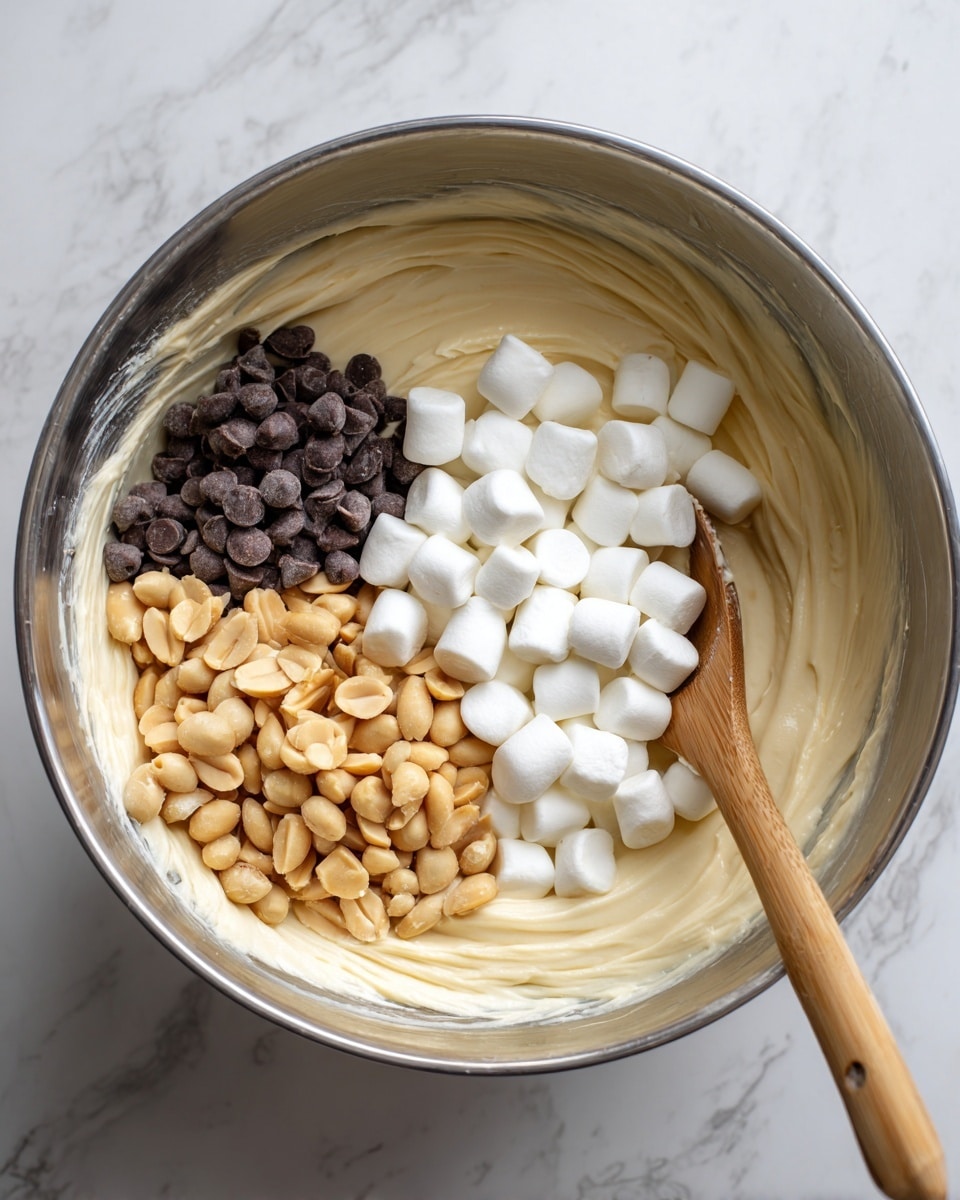 A large silver mixing bowl on a white marbled surface holds three main layers of ingredients before mixing: at the bottom, there is a smooth, creamy, off-white batter covering the bowl’s base; piled on top in two separate sections are small light brown peanuts with a rough texture and mini bright white marshmallows that look soft and cylinder-shaped; dark chocolate chips peek out from under the peanuts near the edges. A wooden spoon rests inside the bowl on the right side, partially covered with the creamy batter. photo taken with an iphone --ar 4:5 --v 7