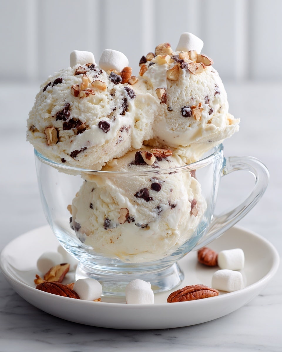 The image shows a tall, clear glass filled with creamy white ice cream mixed with small dark chocolate chips and sprinkled with crushed light brown nuts. On top, there are small white marshmallows placed among the ice cream, adding a soft texture. The ice cream is piled high above the rim of the glass, with the mix of chocolate chips and nuts visible throughout. The glass stands on a white plate against a white marbled background, creating a clean and bright setting. photo taken with an iphone --ar 4:5 --v 7
