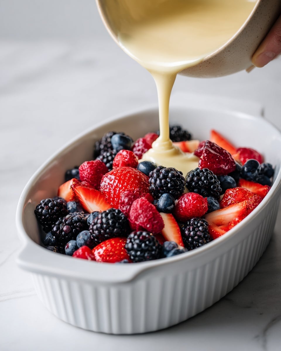 A white oval dish sits on a white marbled surface, filled halfway with a colorful mix of fresh berries including red raspberries, black blackberries, deep blue blueberries, and bright red sliced strawberries. A smooth pale yellow batter is being poured over the berries from a beige bowl held by a woman's hand at the top right of the image. The batter flows in a thick stream, partly covering the fruit below. The contrast between the vibrant berries and the light batter is clear, with the full scene softly lit. Photo taken with an iphone --ar 4:5 --v 7
