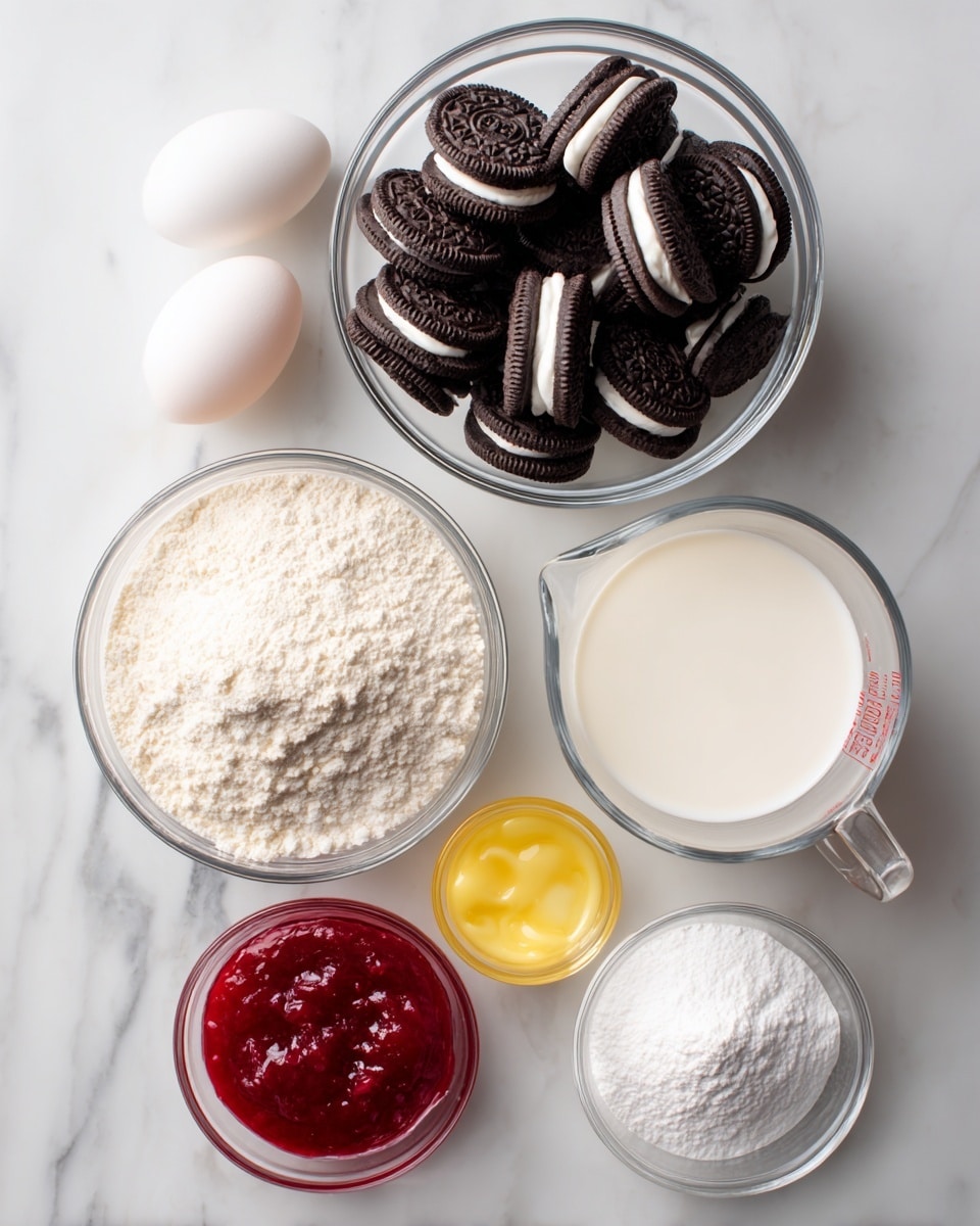 The image shows six clear glass bowls and a single white egg arranged vertically on a white marbled surface. The top large bowl holds many dark brown sandwich cookies filled with white cream. Next to it on the right is a clear glass measuring cup filled with white milk, with a white egg placed just below it. Below the egg and to the left is a large bowl filled with pale white flour. To the right of the flour is a small bowl with a yellow liquid melt, likely butter. Below the flour is a medium bowl filled with bright red jam, and directly below the jam is another large bowl filled with white powdered sugar. The arrangement is neat and the textures of each ingredient are clearly visible photo taken with an iphone --ar 4:5 --v 7