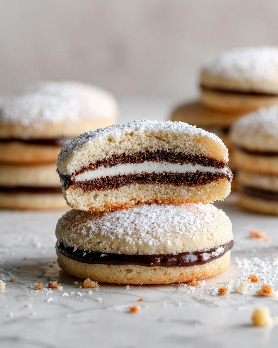 The image shows a stack of four layered cookies on a white marbled surface. The bottom two cookies are whole with a pale beige outer layer dusted lightly with powdered sugar, revealing dark brown layers peeking through the edges. On top of them, there is a cookie cut in half horizontally, showing its interior with three distinct layers: two thin beige layers on top and bottom, sandwiching two dark brown chocolate-like layers with a thin white cream layer in between. The background has more stacks of similar cookies slightly blurred. The lighting is soft and natural with a shallow focus on the front cookies photo taken with an iphone --ar 4:5 --v 7