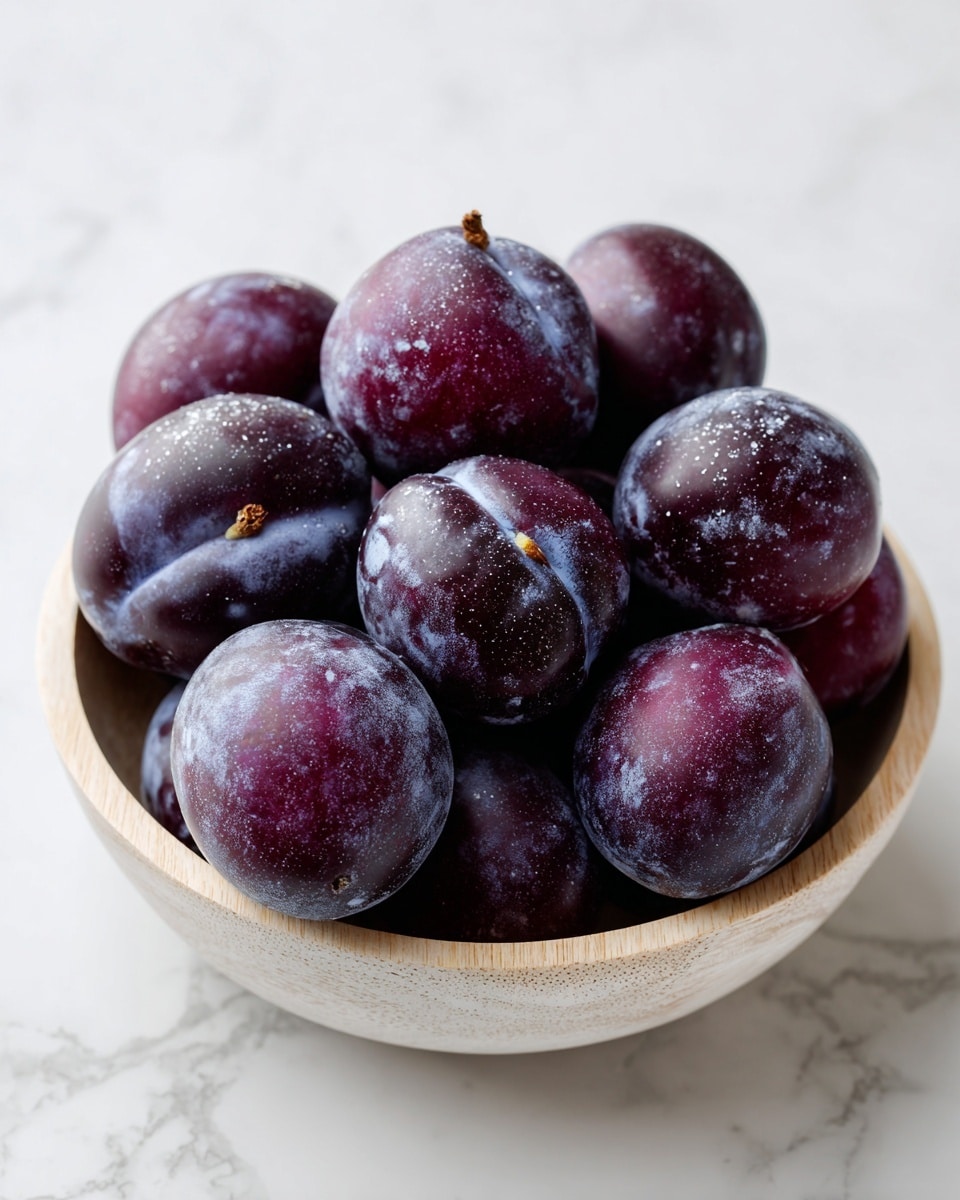 A shallow white wooden bowl filled with ripe dark purple plums that have a slightly dusty texture on their skin, sitting on a white marbled surface with a plain white background, photo taken with an iphone --ar 4:5 --v 7