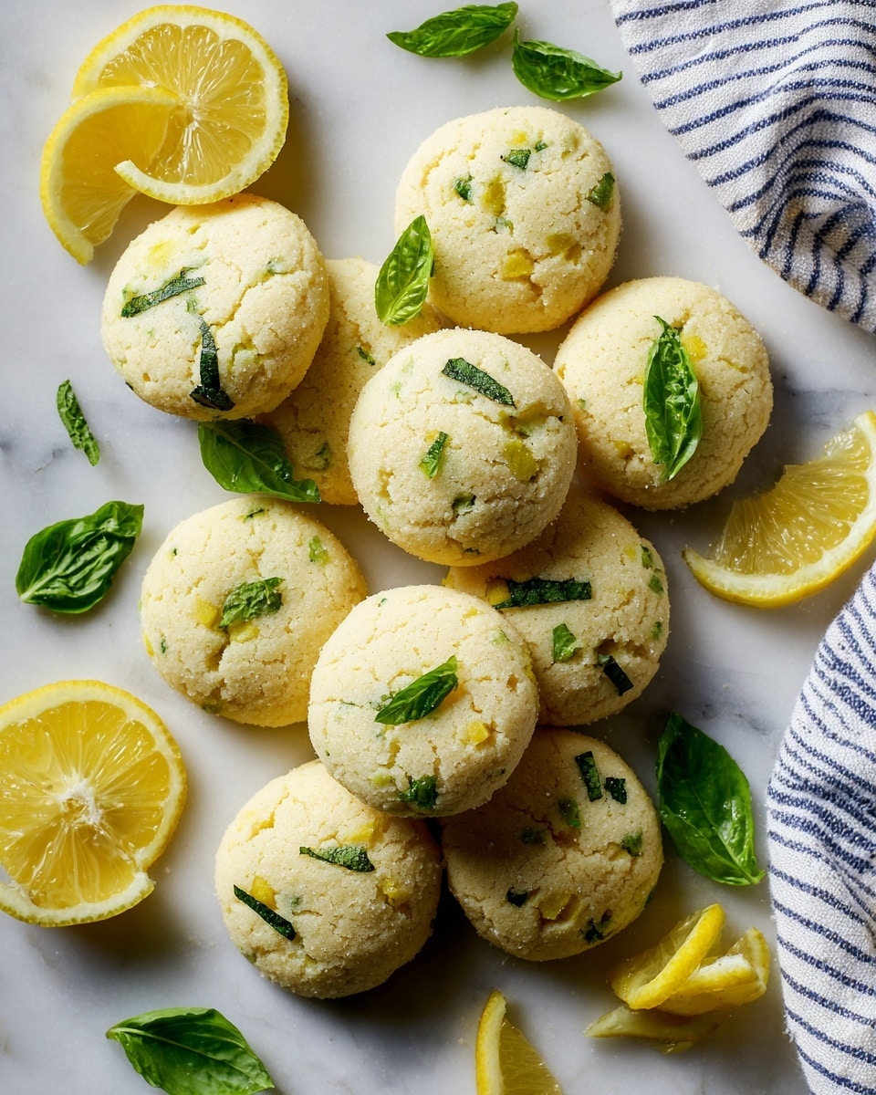 A group of light green round cookies with a slightly bumpy texture is spread out on a white marbled surface, some topped with small green leaves. Around the cookies, there are fresh whole lemons and lemon halves, showing bright yellow skin and pale yellow inside. Scattered fresh green basil leaves add color, and a white and blue striped cloth is placed near the lemons. The cookies have a light dusting of sugar, adding a gentle sparkle to the scene. photo taken with an iphone --ar 4:5 --v 7