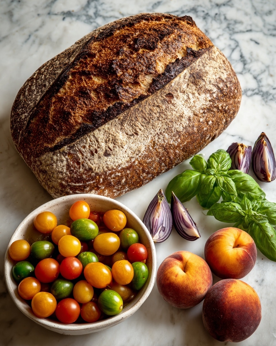 The image shows a rustic loaf of bread with a dark golden brown crust on the top left on a white marbled surface. Below the bread, there is a white bowl filled with many small, round cherry tomatoes in yellow, red, orange, and green colors. To the right of the tomatoes, several curved slices of purple onion lay scattered. On the right side, there are three fuzzy peaches with orange and red shades. Bright green basil leaves are spread around the bread and bowl, adding a fresh touch. The colors are vibrant and the textures show a rough bread crust, smooth tomatoes, and soft peaches. Photo taken with an iphone --ar 4:5 --v 7