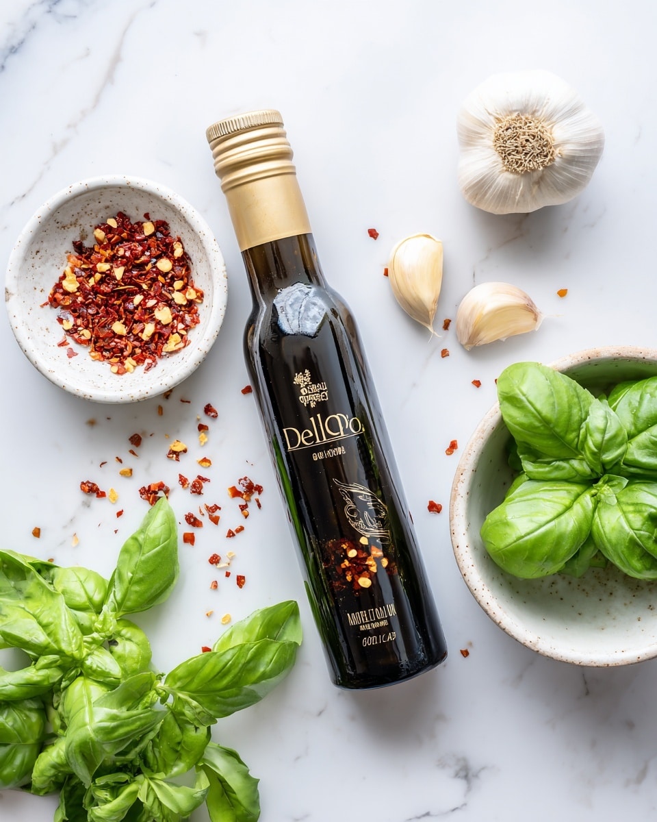 A dark glass bottle of DeLallo extra virgin olive oil with a gold cap is placed on a white marbled surface. Next to it is a small white bowl filled with bright red chili flakes. A white bowl on the right side holds a bunch of fresh green basil leaves with smooth texture. Nearby on the surface, there are two garlic bulbs and a few small scattered pieces of garlic and basil leaves. Photo taken with an iphone --ar 4:5 --v 7