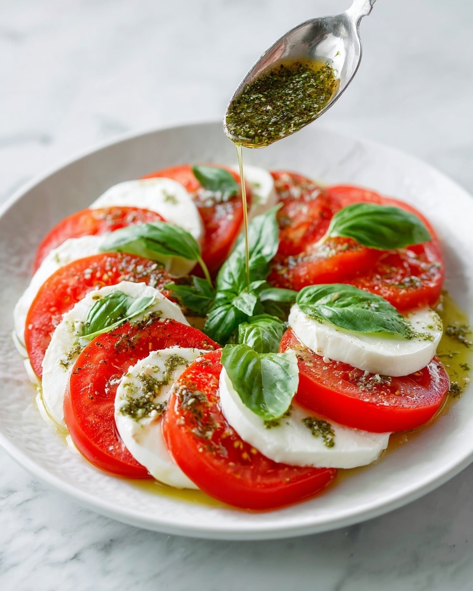 A white plate holds a layered salad with alternating slices of bright red tomato and smooth white mozzarella arranged in a circle. Fresh green basil leaves are tucked between the layers and scattered on top. A spoon drizzles green herb oil over the salad, adding shiny droplets on the tomatoes and cheese. The plate sits on a white marbled surface. photo taken with an iphone --ar 4:5 --v 7