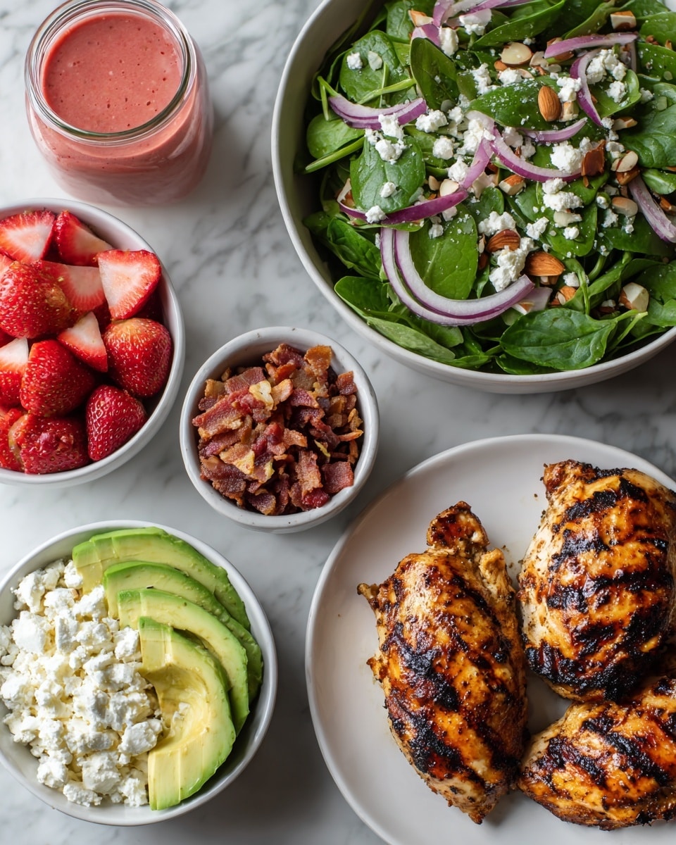 The image shows several small white bowls and plates arranged on a white marbled surface. One white plate holds two grilled, golden-brown chicken pieces with charred marks. Next to it, a large white bowl is filled with fresh spring mix or spinach, vibrant green and leafy. Around these, smaller white bowls contain crumbled white feta cheese, bright red sliced strawberries, thinly sliced red onion rings, avocado slices with their soft green color, crunchy light brown chopped almonds, and crispy dark brown bacon bits. There’s also a small glass container filled with strawberry balsamic dressing, having a reddish-pink color. Everything is neatly arranged and visually inviting. photo taken with an iphone --ar 4:5 --v 7