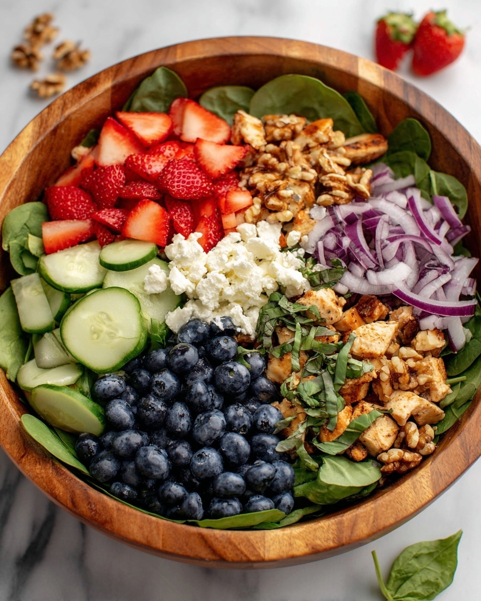 A wooden bowl filled with a colorful salad, layered with fresh green spinach leaves at the base, topped with sections of cubed cooked chicken with light browning. Around the chicken, fresh sliced red strawberries, sliced green cucumbers, and whole plump blueberries are arranged in separate sections. There are small chunks of white cheese sprinkled on top, with scattered walnut pieces for texture. On one side, thin slices of purple-red onion add another layer of color. Fresh green herbs are scattered over the salad for decoration. Outside the bowl, some strawberries, blueberries, and walnut pieces rest on a white marbled surface alongside a wooden spoon. Photo taken with an iphone --ar 4:5 --v 7