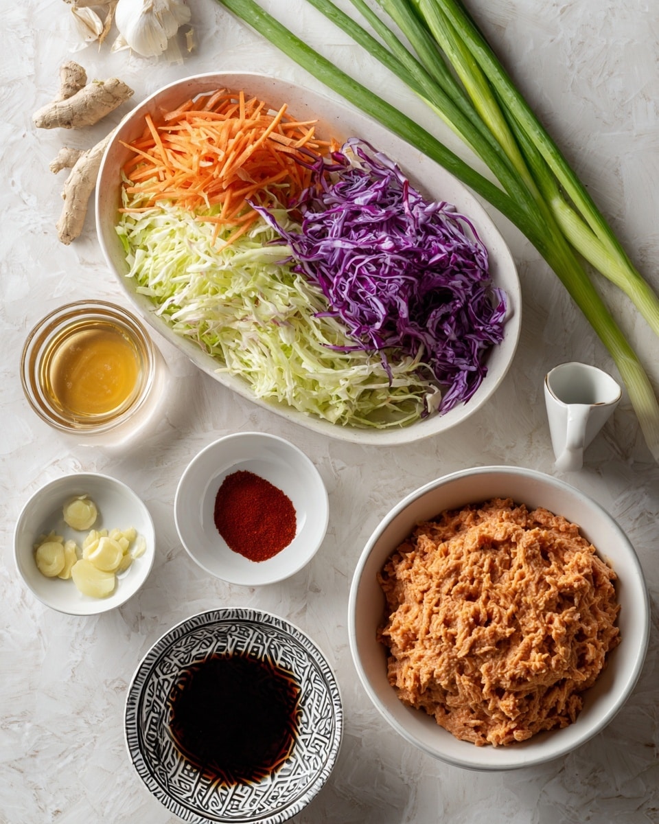 A white tray holds a layer of pinkish ground chicken or turkey with a smooth, slightly ridged texture. Above it, a white bowl is filled with a colorful coleslaw mix, showing layers of light green cabbage, deep purple cabbage, and thin orange carrot strips with a crunchy texture. Nearby, there are fresh green onions, long and slender with green tops and white bulbs, lying on the white marbled surface. Small white bowls each contain tiny pieces of pale yellow ginger, minced white garlic, and a clear liquid of rice vinegar. Next to them is a small glass container with amber-colored sesame oil and a white cup filled with dark brown coconut aminos or soy sauce. A decorative white bowl with a black geometric pattern holds a dollop of light red chili sauce, suggested as optional. All items are arranged neatly on a white marbled texture. Photo taken with an iphone --ar 4:5 --v 7