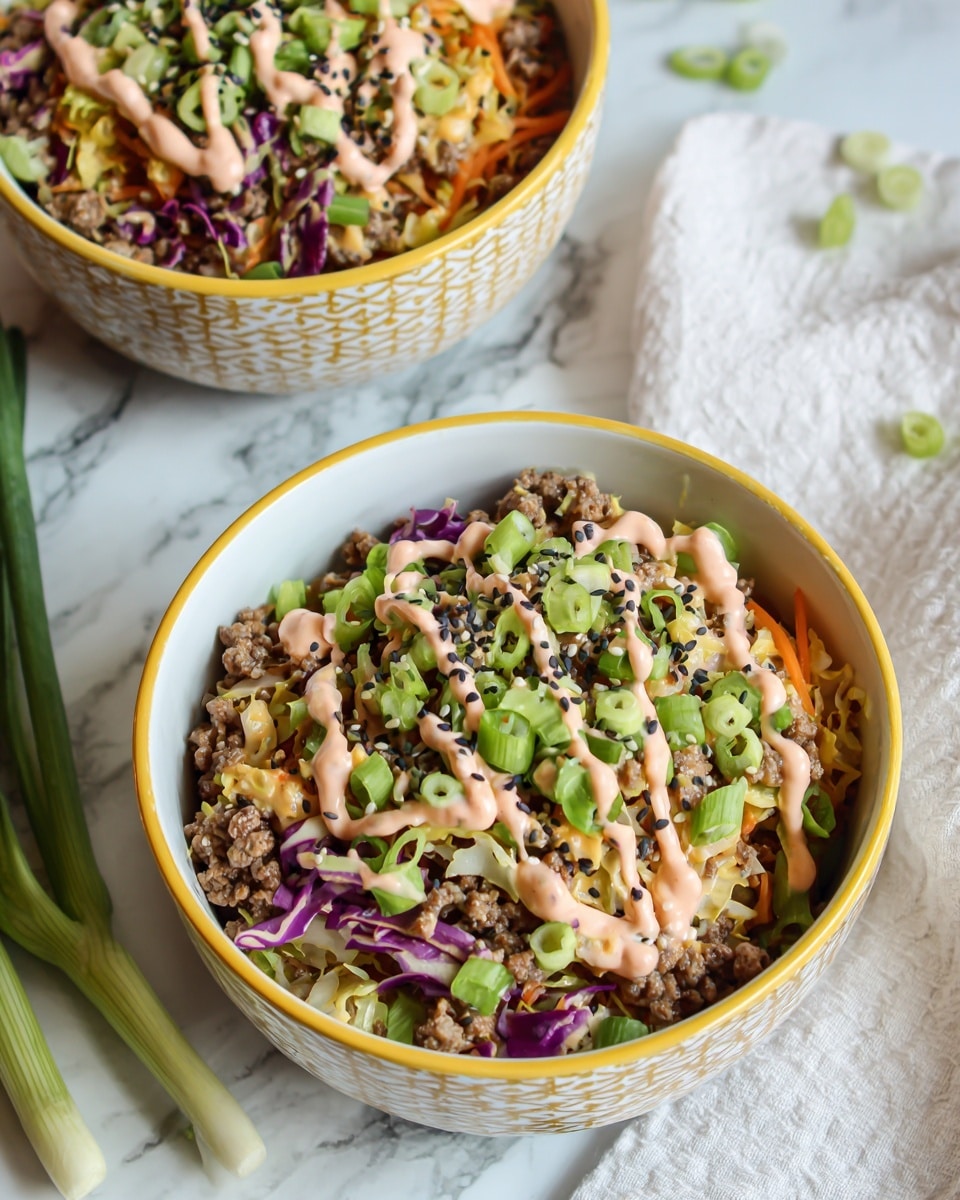 Two white bowls with black and white flower patterns and yellow rims sit on a white marbled surface with a white cloth nearby and green onions on the side. Each bowl contains a layered dish starting with light brown cooked ground meat mixed with thin pieces of purple cabbage, white cabbage, and small orange carrot strips. On top, there are bright green chopped scallions and a drizzle of light pink sauce with black and white sesame seeds sprinkled over all. The texture is a mix of soft meat and crunchy vegetables, arranged casually. Photo taken with an iphone --ar 4:5 --v 7
