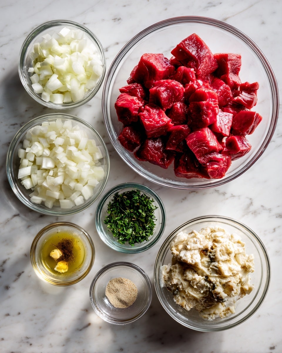 The image shows several clear glass bowls on a white marbled surface, each containing different ingredients. The largest bowl at the top center is filled with bright red cubed meat. Below to the left is a medium bowl with chopped white onions. To the right of the onions is a small bowl with finely chopped green herbs. Below these bowls are three small glass bowls, one with light yellow minced garlic, one with a beige powder seasoning, and one with a clear liquid. At the bottom right is a medium bowl with a creamy, pale mixture with darker bits mixed in. The bowls are spaced evenly, creating a neat arrangement. photo taken with an iphone --ar 4:5 --v 7
