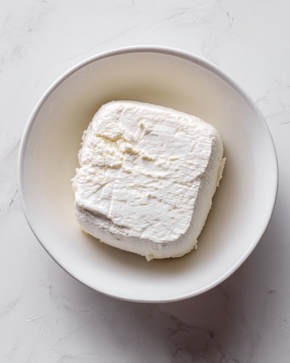 A single block of white cream cheese with a smooth texture and slight crumbly edges sits alone in the center of a white bowl against a white marbled background. The cheese block has subtle grooves and small indentations on its surface, showing its soft and fresh consistency. photo taken with an iphone --ar 4:5 --v 7