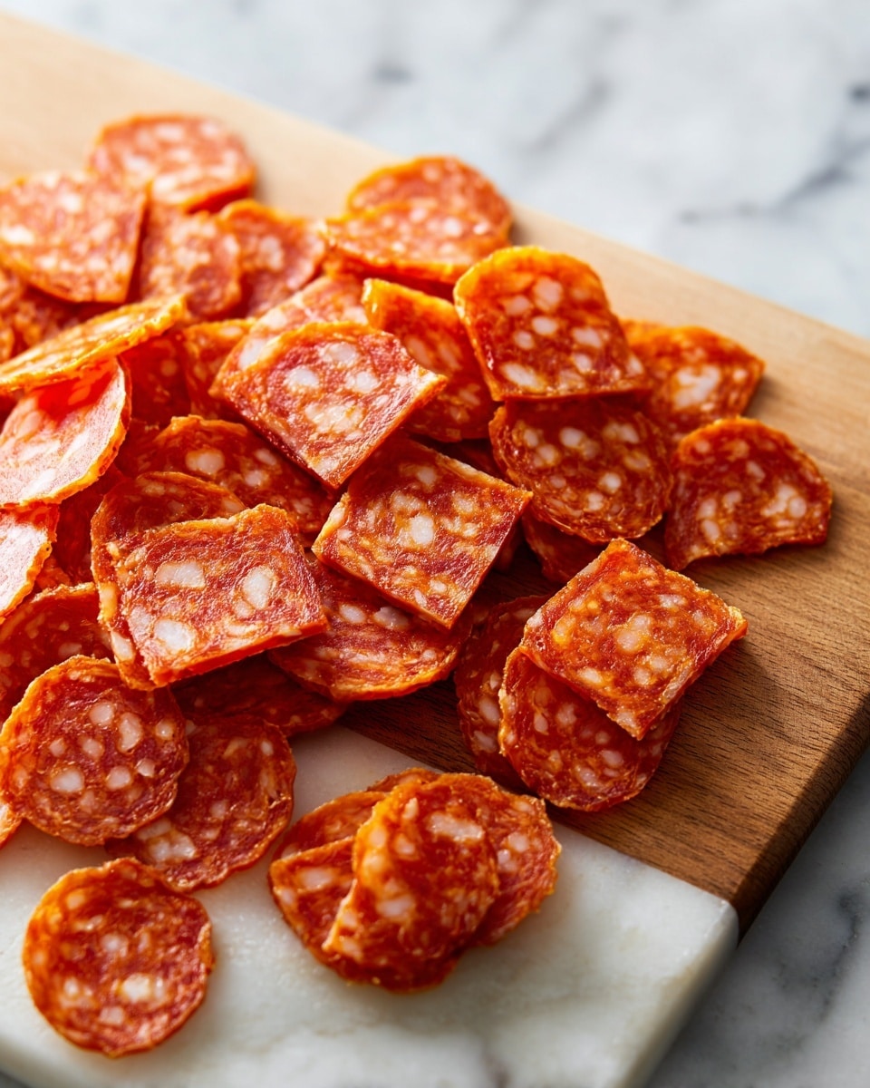 The image shows many small pieces of sliced salami on a wooden cutting board with a white marbled texture surface. The salami pieces are mostly square and some are quarter-circle shaped, displaying a bright orange-red color with white fat spots inside. The slices have a ridged texture on one side, stacked unevenly, and spread out across the center of the cutting board. Photo taken with an iphone --ar 4:5 --v 7