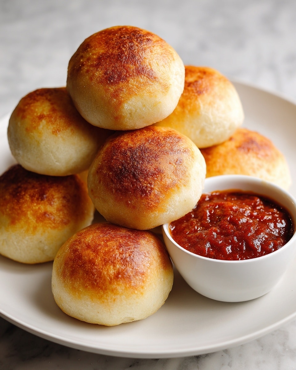 The image shows a white plate with a decorative pattern filled with five golden-brown baked rolls that have lightly browned, bubbly, and slightly uneven surfaces. The rolls are placed close together, some overlapping, and have a soft but firm texture. Beside them is a small white round bowl filled with a chunky deep red sauce. The plate is set on a white marbled surface. photo taken with an iphone --ar 4:5 --v 7