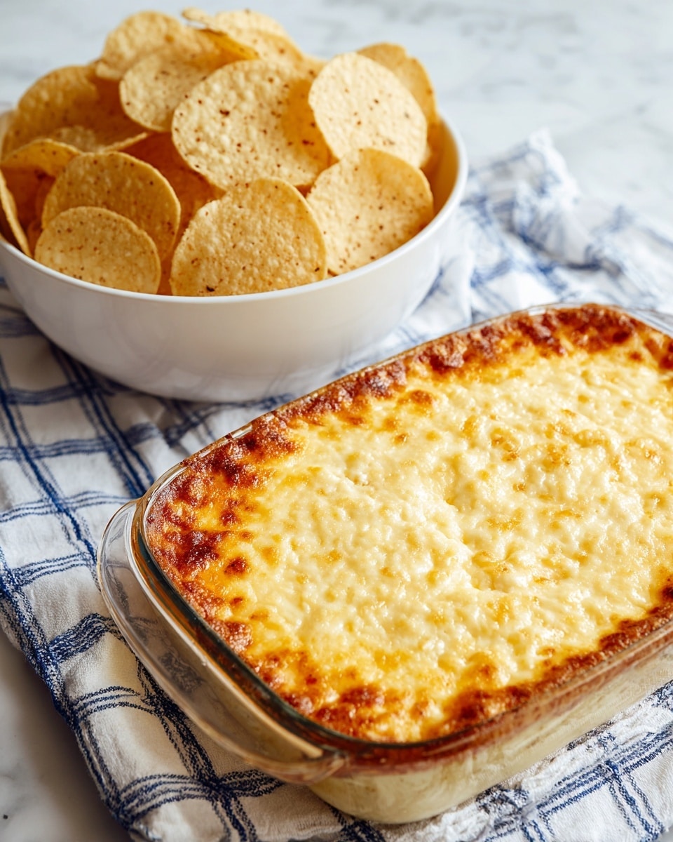 The image shows two white dishes on a white marbled surface; the one in the foreground is a rectangular glass baking dish filled with one smooth, thick layer of golden-yellow baked dip with a slightly browned, bubbly edges texture. Behind it, there is a round white bowl filled with a large pile of light tan, slightly curved, thin tortilla chips that have tiny darker spots. Both dishes rest on a white and blue checkered cloth. photo taken with an iphone --ar 4:5 --v 7