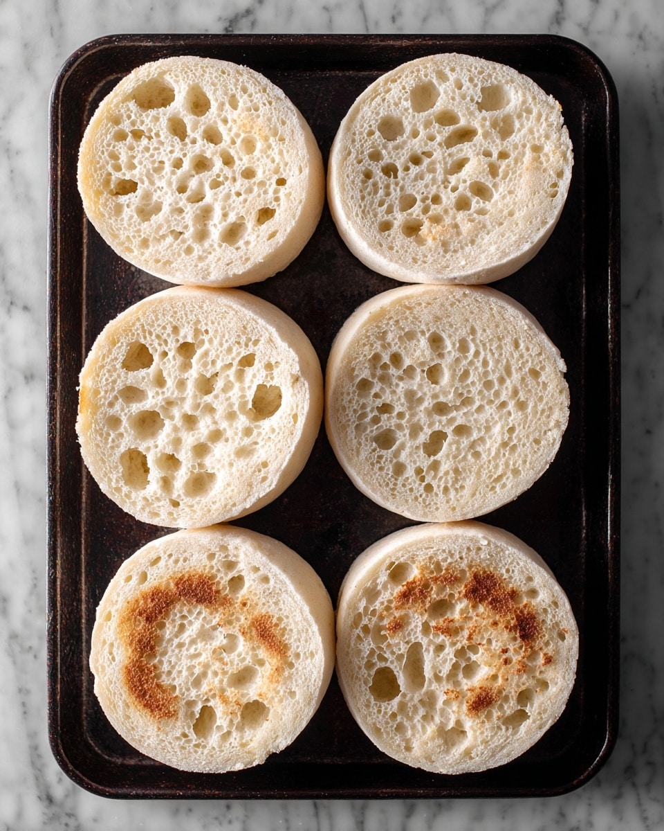Eight round English muffin halves are laid out in two neat columns on a dark baking tray. Each half shows a porous texture with small and medium holes spread unevenly throughout the soft, light beige bread. The edges are slightly browned, creating a gentle contrast with the pale interior. The surface beneath the tray is a white marbled texture. Photo taken with an iphone --ar 4:5 --v 7