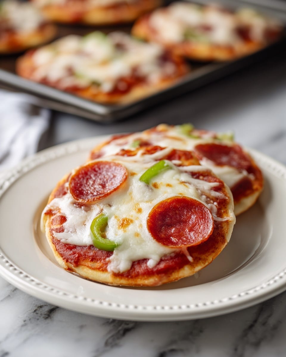 Two mini pizzas sit on a white plate with a raised floral design. Each pizza has three clear layers: a bottom toasted bread base with a rough texture and light brown color, a middle red tomato sauce layer visible around edges, and a top melted cheese layer in creamy white. Small bright red pepperoni slices are evenly spread on the cheese, along with tiny bright green bell pepper pieces scattered on top. In the background, slightly blurred, a dark baking tray holds more mini pizzas on a surface with a white marbled texture. The photo taken with an iphone --ar 4:5 --v 7