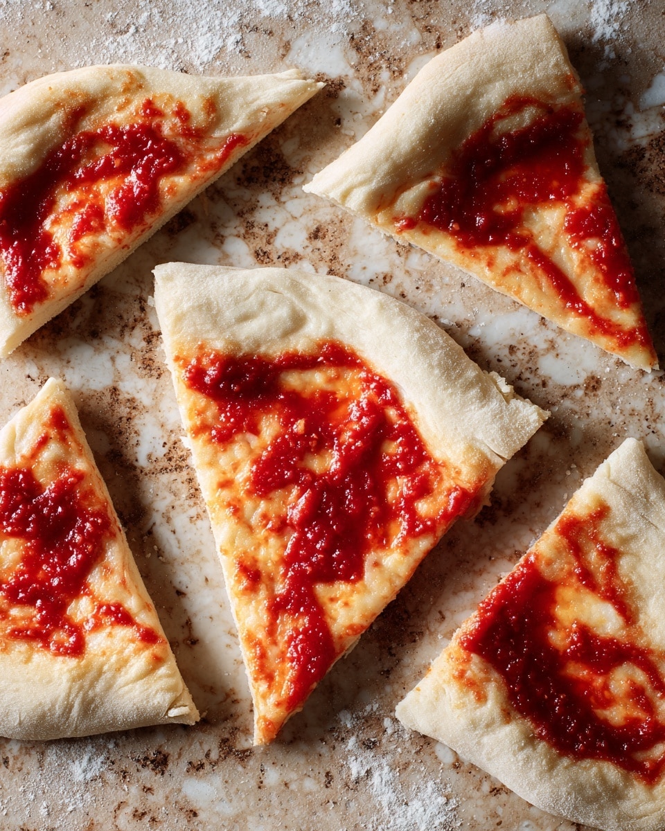 The image shows several triangular pieces of pale dough spread out on a brown speckled surface with a white marbled texture. Each piece has a layer of bright red tomato sauce, spread unevenly and covering most of the dough’s center. The dough pieces vary in size, and the edges are somewhat rough and irregular. There are six visible dough triangles arranged in a loose pattern on the surface. photo taken with an iphone --ar 4:5 --v 7