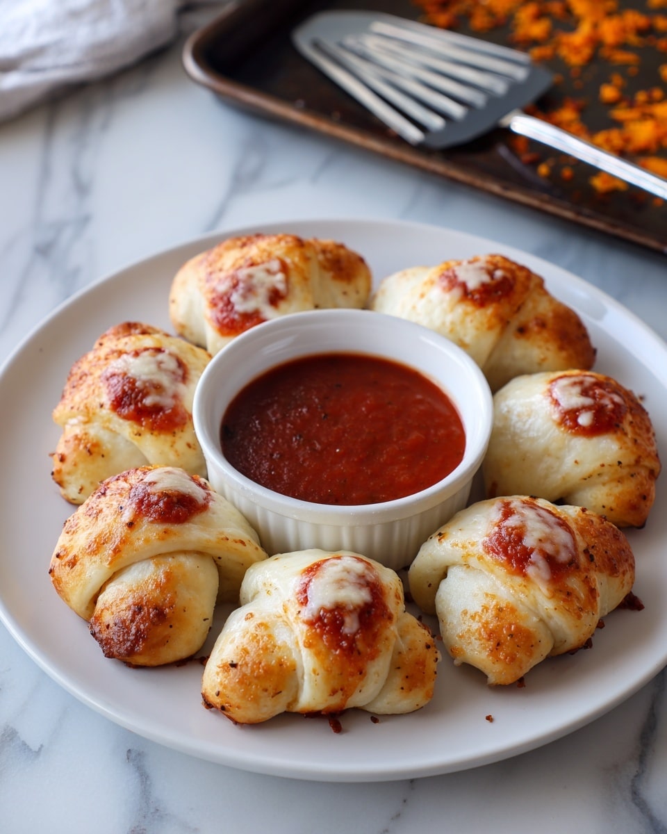 A white round plate holds eight small crescent-shaped pastries arranged in a circle. Each pastry has a golden-brown, flaky outer layer and is topped with a dollop of melted white cheese above a layer of red tomato sauce that peeks through. In the center of the plate, there is a small white bowl filled with thick red marinara sauce. The plate sits on a white marbled surface, and behind it is a dark metal baking tray with some browned bits and a metal spatula resting on it. photo taken with an iphone --ar 4:5 --v 7