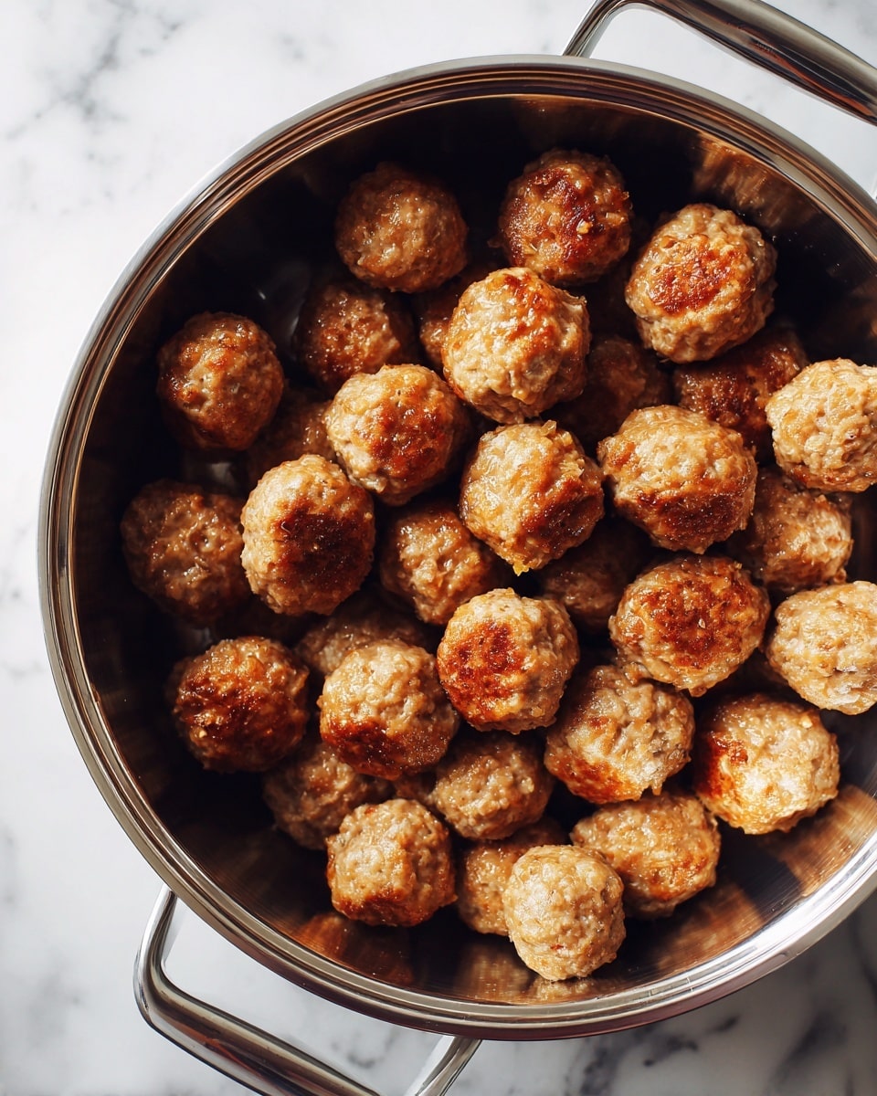 A metal pot filled with many small, round meatballs that have a light brown and slightly golden color. The meatballs show a rough, textured surface and appear cooked with some small uneven browning. The shiny inside of the pot reflects the meatballs around the edges. The pot is placed on a white marbled surface. photo taken with an iphone --ar 4:5 --v 7