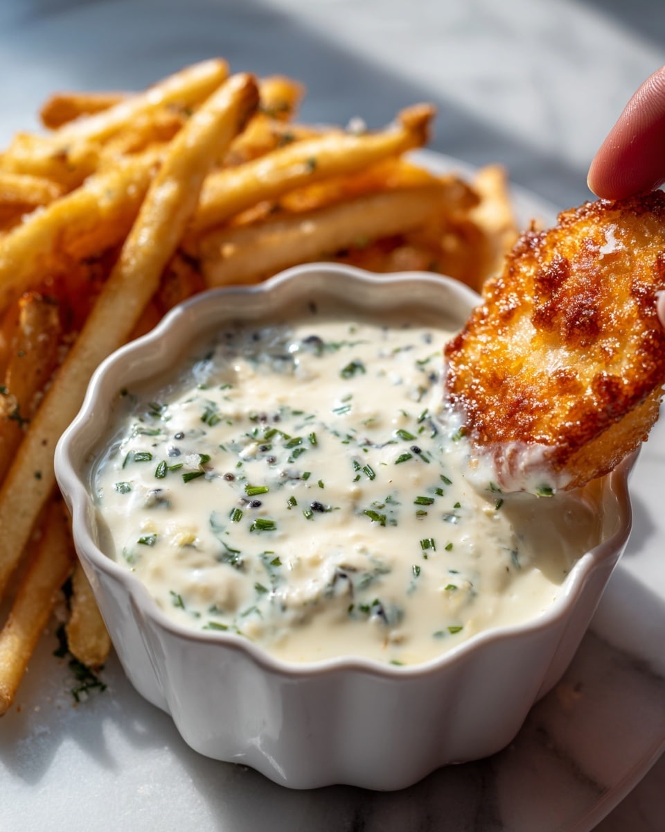 A close-up view showing a white, scalloped-edge bowl filled with thick, creamy white sauce speckled with small black pepper bits. Surrounding the bowl are golden brown, crispy French fries with a slightly rough texture and crunchy edges. In the background, there is a piece of golden fried food with a crispy surface, partially visible. All items rest on a white marbled textured surface. photo taken with an iphone --ar 4:5 --v 7
