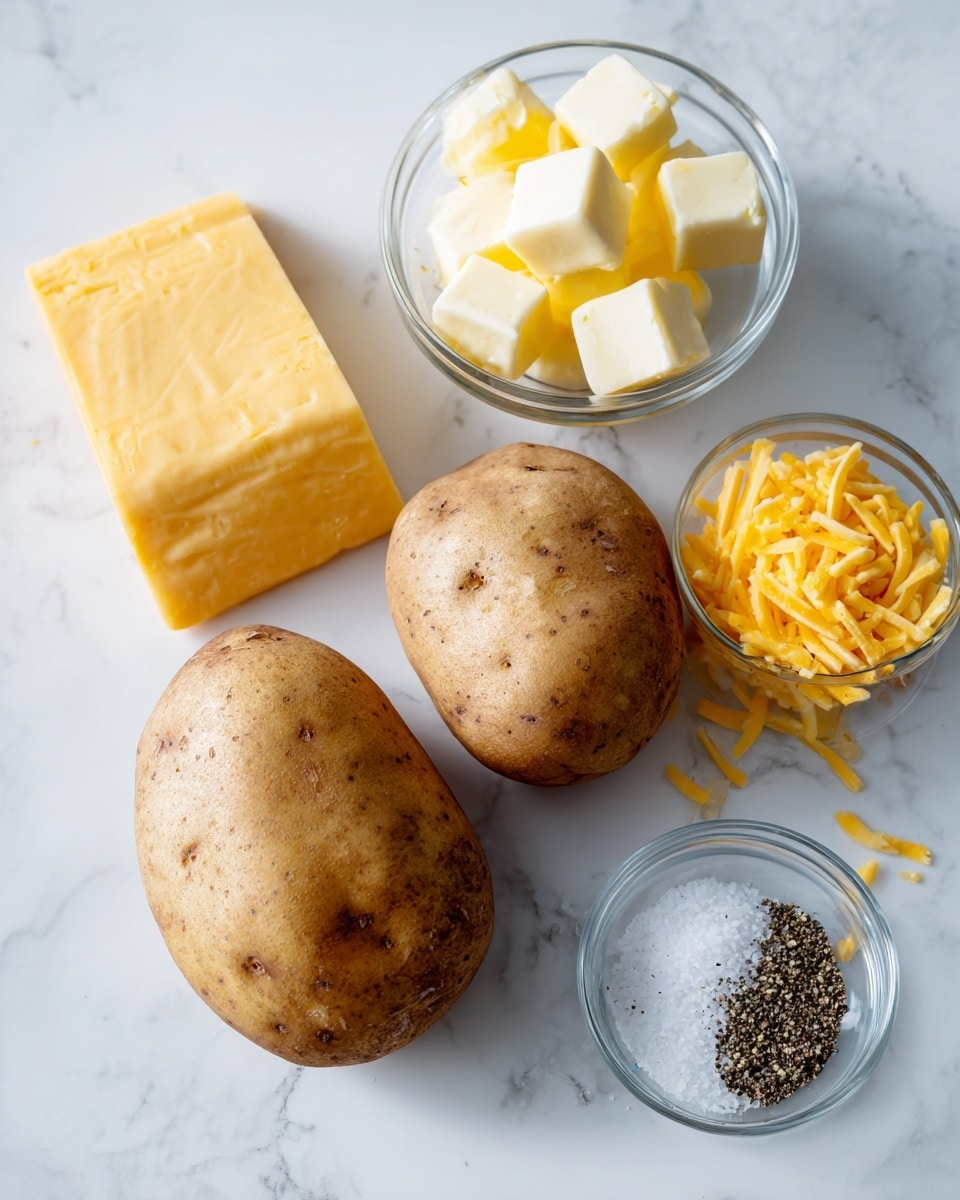 The image shows two brown potatoes placed side by side on a white marbled surface. Above the potatoes, there is a small clear bowl with yellow butter cubes. To the left of the potatoes, a block of yellow cheddar cheese rests directly on the white marbled surface. To the right of the potatoes, a small clear bowl contains a mix of black pepper and white salt. Each ingredient is labeled with simple text overlays in dark boxes. The scene is bright and clean with soft natural light. photo taken with an iphone --ar 4:5 --v 7