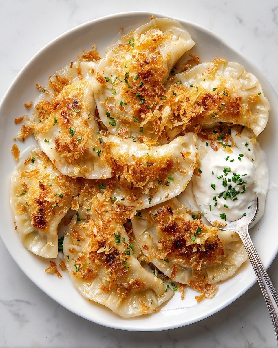 The image shows a metal pan filled with eight golden-brown dumplings frying in melted butter and small pieces of browned onions. The dumplings have a smooth, slightly shiny dough surface with some crisp spots from frying. Small green herb bits are sprinkled over the dumplings, adding color contrast. The browned onions and butter pool around the dumplings, giving a rich, textured look. The background is a white marbled texture. photo taken with an iphone --ar 4:5 --v 7