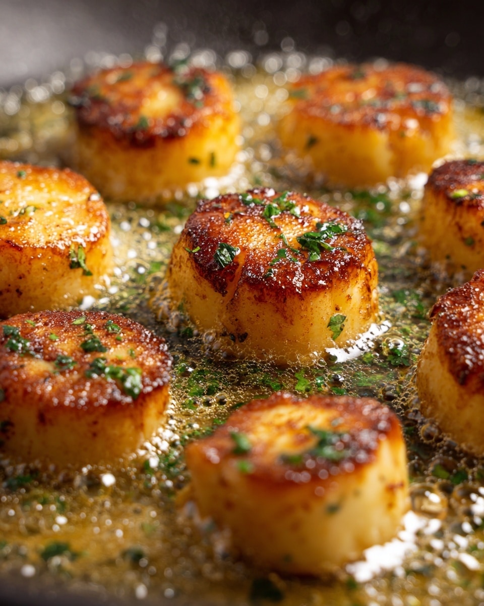 The image shows a close-up view of seven round scallops cooking in a pan filled with bubbling melted butter. Each scallop has a golden-brown crispy top layer with a lightly browned texture and small black pepper specks. The scallops are pale yellow on the sides, and the bubbly butter around them has a rich creamy color with hints of green herbs in the background. The photo focuses closely on the scallops' textured, seared surfaces. The background is a white marbled texture. Photo taken with an iphone --ar 4:5 --v 7