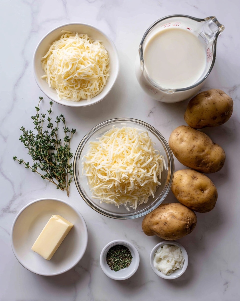 The image shows a white marbled surface with several white bowls and a glass container holding different ingredients. In the middle of the image, there is a glass bowl filled with shredded yellow cheese. To the right, a white bowl contains three whole brown potatoes. Above the cheese bowl is a glass measuring cup filled with cream, showing its smooth, white liquid texture. To the left, a small white dish holds a stick of pale yellow butter. Next to it, a small white bowl with chopped green thyme is placed beside a few thyme sprigs. Below, a tiny white dish contains a small amount of ground black pepper and salt labeled s&p. Lastly, finely minced white garlic is placed near the cheese bowl on the marbled surface. Photo taken with an iphone --ar 4:5 --v 7