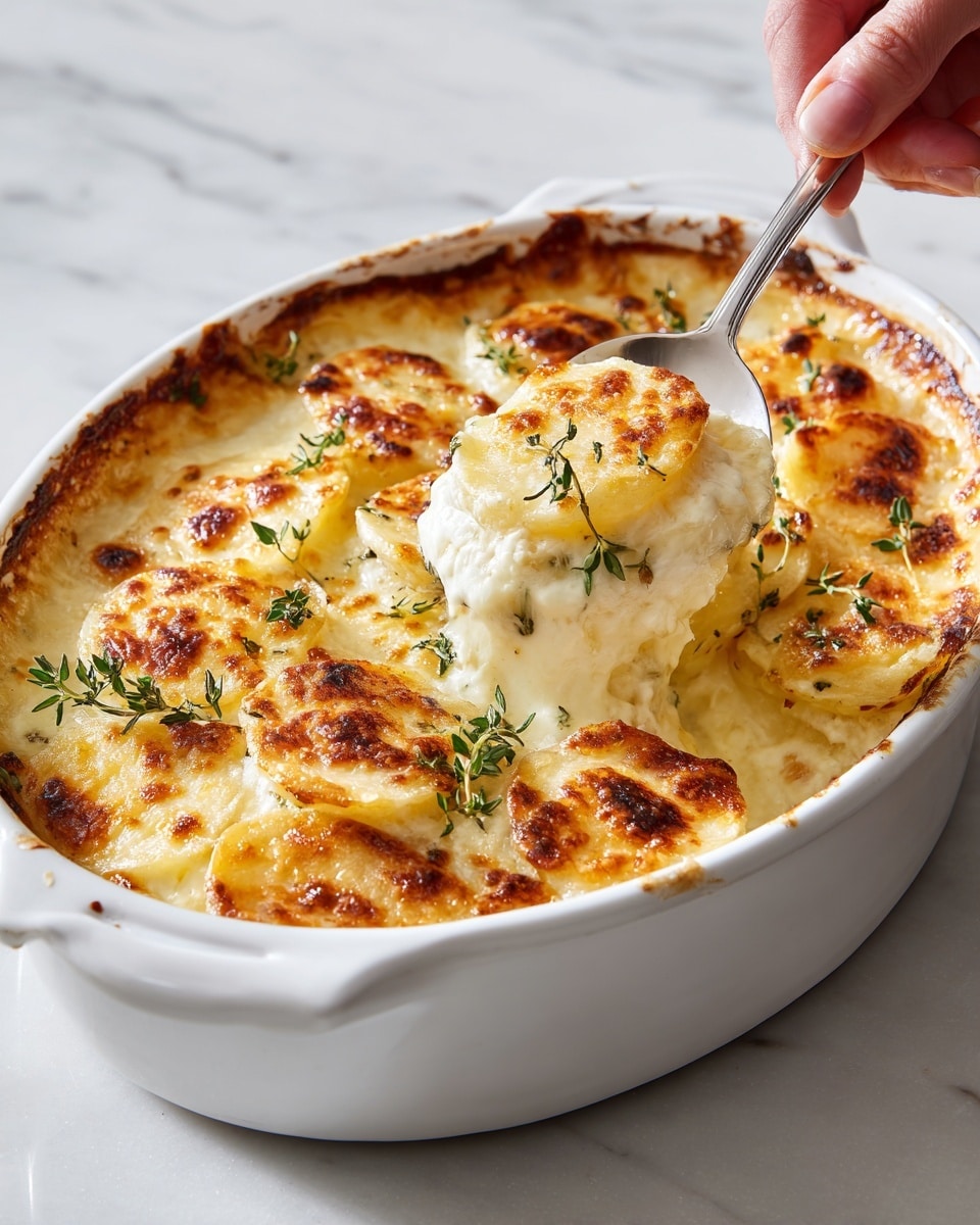 The image shows a white oval baking dish filled with a golden-brown gratin made of thin, round layers of potato slices covered in creamy cheese sauce. The cheese on top is melted and bubbly with spots of darker, toasted areas giving a nice textured crust. Some green herb sprigs, likely thyme, are scattered on top, adding a fresh touch. A silver spoon with a wooden handle is lifting a portion, revealing smooth, creamy layers of cheese and potato beneath the browned surface. The dish sits on a white marbled surface. Photo taken with an iphone --ar 4:5 --v 7