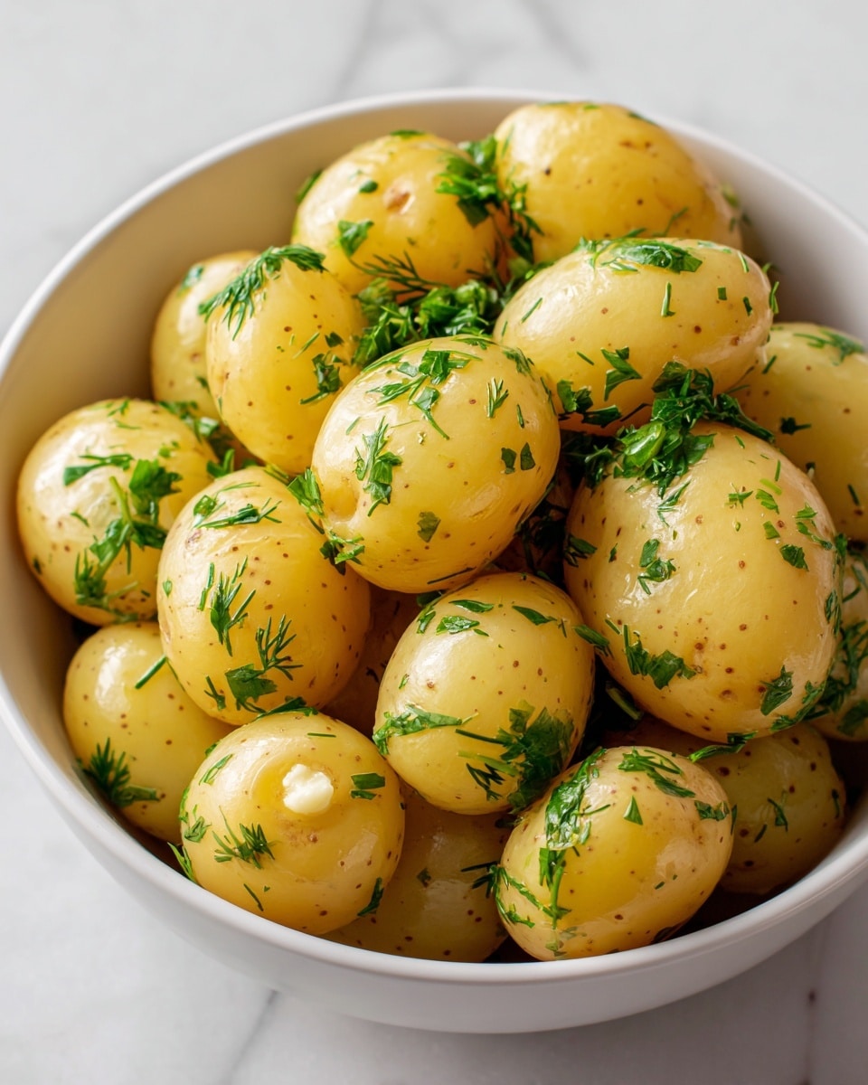 A clear white bowl holds a pile of small, light yellow potatoes with smooth skin. Each potato is topped with bright green chopped herbs, mainly dill, which are sprinkled evenly all over. The potatoes have a shiny surface, showing that they are coated with a light layer of butter or oil. The background shows a white marbled texture. photo taken with an iphone --ar 4:5 --v 7