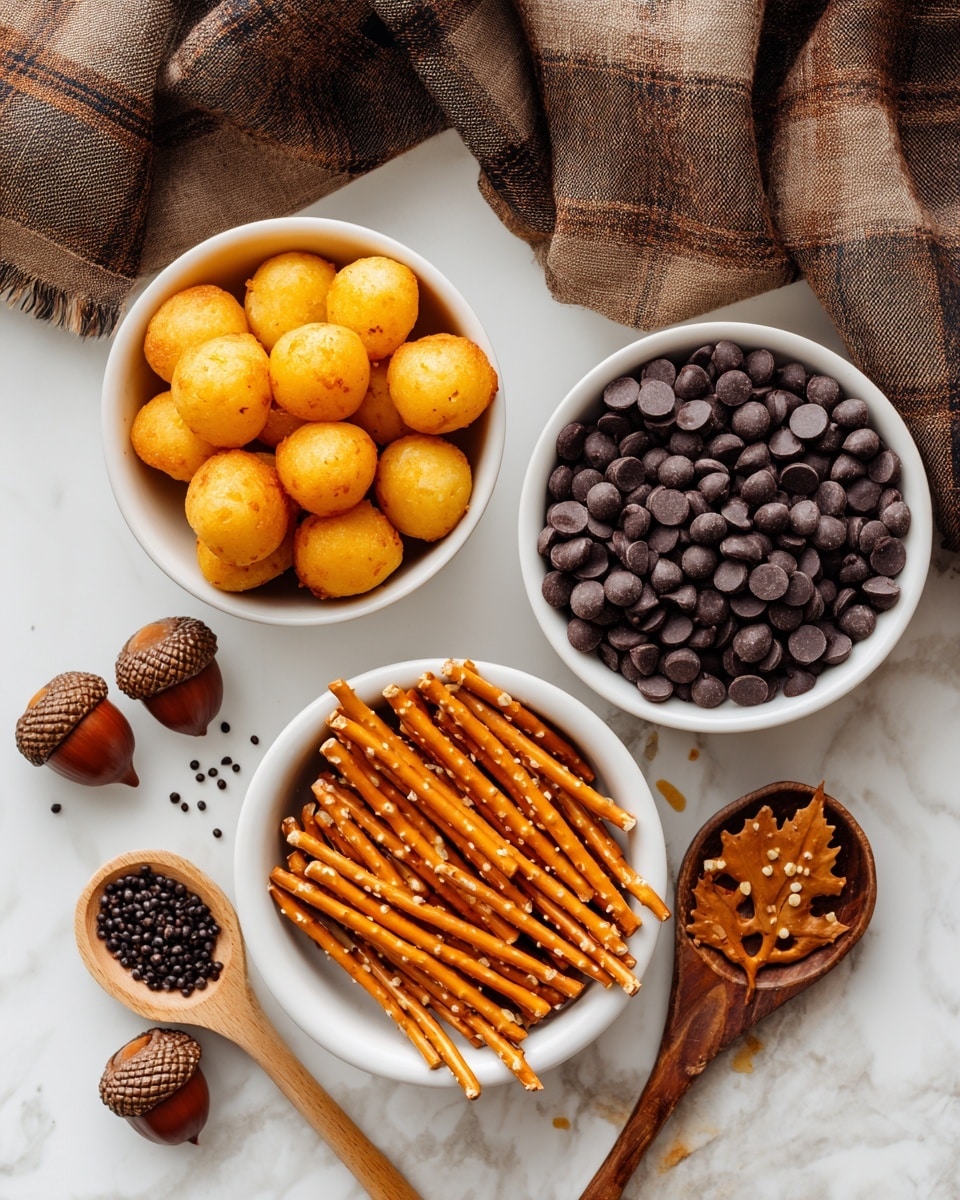 The image shows four small white bowls arranged in a square on a white marbled surface. The top-right bowl is filled with round, golden brown cheese bread balls with a smooth, shiny texture. The top-left bowl contains smooth, shiny dark chocolate chips. The bottom-left bowl is filled with small, black chocolate sprinkles with a matte effect. The bottom-right bowl holds thin, golden pretzel sticks sprinkled with coarse salt. Around the bowls, there are small brown acorn decorations scattered with textured caps, a wooden spoon laying flat near the bottom left, and a brown plaid cloth draped casually in the top right corner. Photo taken with an iphone --ar 4:5 --v 7
