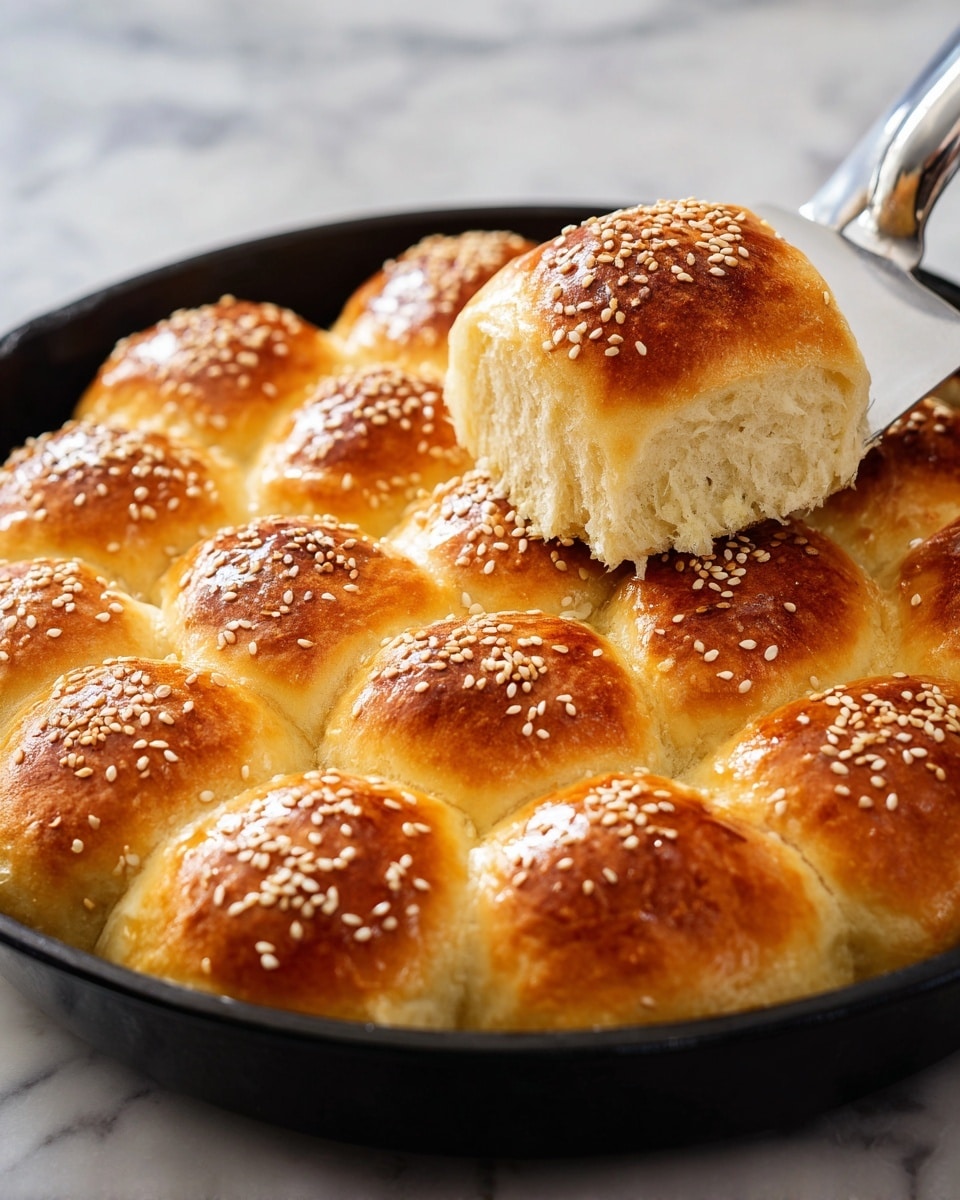 The image shows a close-up of a pan with twelve golden brown dinner rolls arranged closely in a circular pattern. Each roll has a smooth, shiny top sprinkled with white sesame seeds, and the texture looks soft and fluffy. One roll is being lifted out of the pan with a silver spatula that has a white handle, revealing the soft inside that is pale cream in color. The pan is black with a few small crumbs scattered around. The background is a white marbled texture. photo taken with an iphone --ar 4:5 --v 7