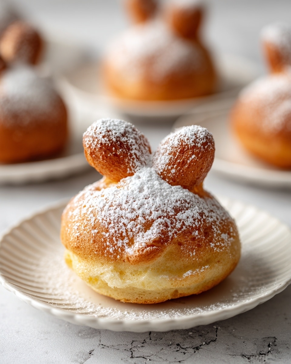 The image shows a close-up of a single, round, golden-brown fried pastry shaped like a bunny with two ears, topped with a layer of white powdered sugar covering most of its surface. The pastry has a textured, curly pattern that gives it a light and crispy look. It sits on a white plate with subtle ridges along the edges, and the background is a white marbled texture. Other similar pastries are visible blurred in the background. photo taken with an iphone --ar 4:5 --v 7