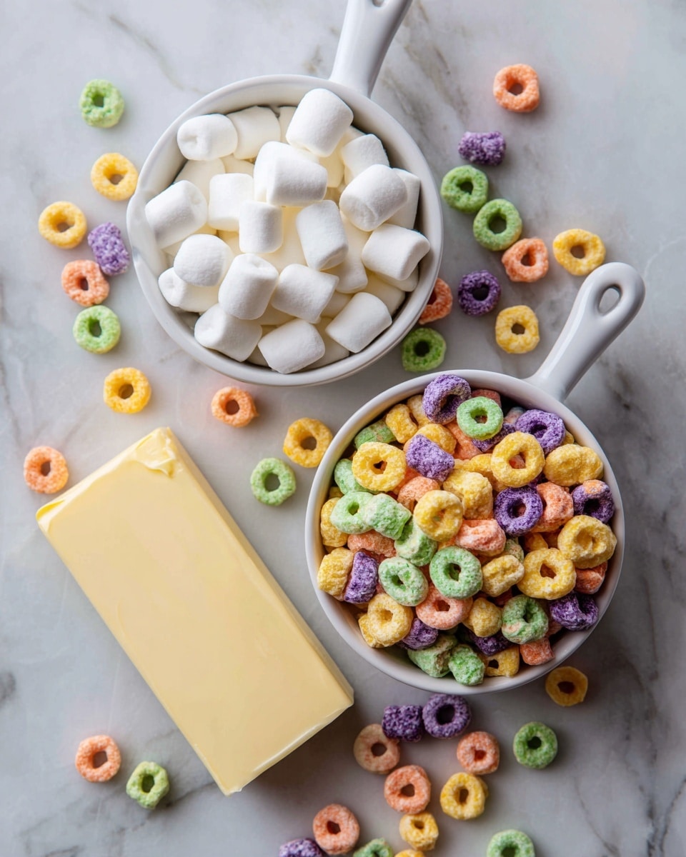 Two white measuring cups sit on a white marbled surface, one filled with small, white marshmallows and the other filled with colorful ring-shaped cereal in yellow, orange, purple, and green. A long block of pale yellow butter lies below the cups. Scattered around the cups and butter are loose pieces of both the marshmallows and cereal, creating a playful, messy arrangement. Photo taken with an iphone --ar 4:5 --v 7
