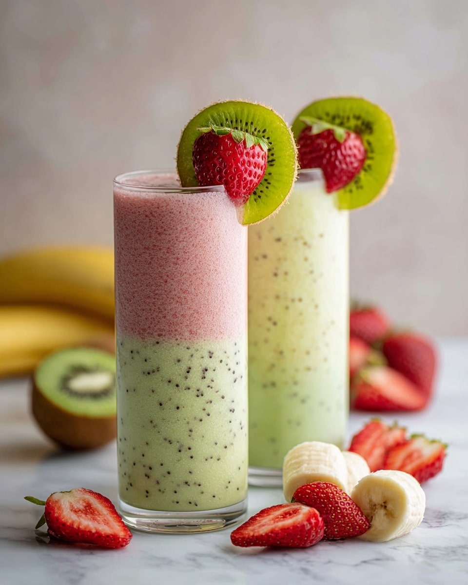 The image shows two tall clear glasses filled with a two-layer smoothie, placed on a white marbled surface. The bottom layer is pale green with small dark specks, and the top layer is light pink and creamy with bits of strawberries visible inside. Each glass is garnished with a slice of green kiwi and a whole red strawberry on the rim. In front of the glasses, there is a halved kiwi showing its bright green center with black seeds. In the background, there are some yellow bananas lying on the white marbled surface, along with sliced strawberries and kiwi resting on a wooden board. A striped blue and white cloth is partially visible on the left side. The photo taken with an iphone --ar 4:5 --v 7