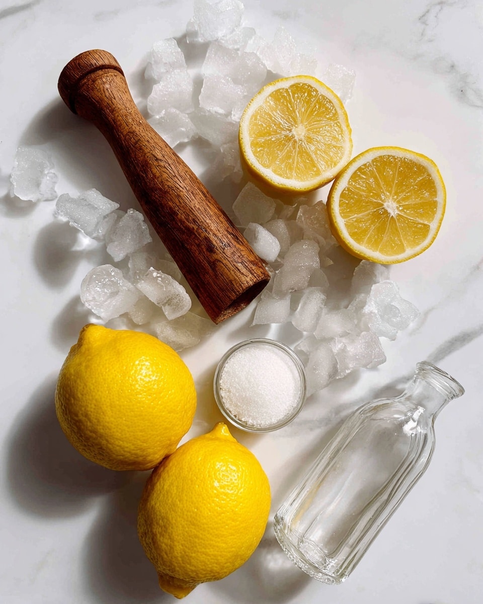The image shows a wooden muddler with a rough texture placed diagonally on a white marbled surface, next to two lemon halves with bright yellow rind and juicy inner flesh with visible seeds. Below them, there are two whole lemons with vivid yellow, slightly shiny, bumpy skin. In the center, there is a white plastic scoop filled with clear ice cubes and more ice cubes scattered around it. In front of the ice cubes, a small clear glass bowl holds fine white sugar. To the right, a clear glass bottle with a metal cap contains a transparent liquid and is resting on the same white marbled surface. photo taken with an iphone --ar 4:5 --v 7
