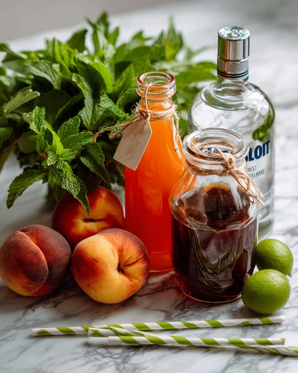The image shows a clear glass jug filled with a dark brown liquid and some ingredients inside, placed on a white marbled surface. Next to it is a clear glass bottle with a bright orange liquid and a small tag tied around the neck with string. Behind these two containers is a transparent bottle of Absolut Vodka with a silver cap. In front of the bottles, there are two small green limes and three ripe peaches with yellow and red skin. On the left side, a bunch of fresh green mint leaves is spread out on the surface. Two green and white striped paper straws lie on the surface in front of the fruit. The overall setting feels fresh and natural. photo taken with an iphone --ar 4:5 --v 7