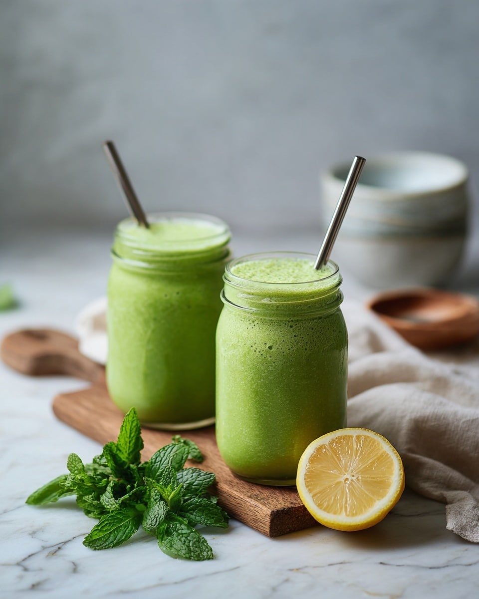 There are two clear glass jars filled with bright green smoothie, showing a thick and slightly frothy texture with tiny green flecks. Each jar has a silver metal straw sticking out from the top. The jars are placed on a brown wooden board, in front of which sits half a lemon with visible pale yellow flesh and seeds. In the foreground near the lemon are a few fresh green mint leaves. The background includes stacked white bowls and a white cloth, all set on a white marbled surface. photo taken with an iphone --ar 4:5 --v 7