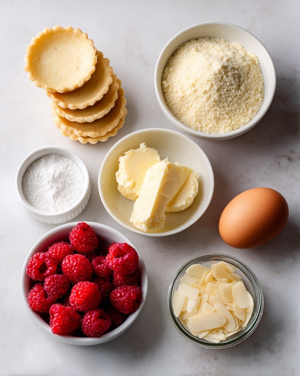 The image shows a white marbled background with seven items arranged neatly. On the left side, there are seven round tartlet shells stacked together, light golden brown in color with smooth edges. To the right of these shells, there are five small white bowls and one raw egg. The top-left bowl contains finely ground almond meal, pale beige in color with a powdery texture. Next to it on the right is a bowl with soft, pale yellow butter. Below, a bowl filled with bright red raspberries stands out with their bumpy, juicy texture. Near the bottom left, a smaller bowl holds fine white powdered sugar, smooth and fluffy. Finally, a small jar to the bottom right contains pale off-white slivered almonds, thin and slightly curved. The raw brown egg lies between the butter and raspberries. All items are evenly spaced on the white marbled surface. Photo taken with an iphone --ar 4:5 --v 7