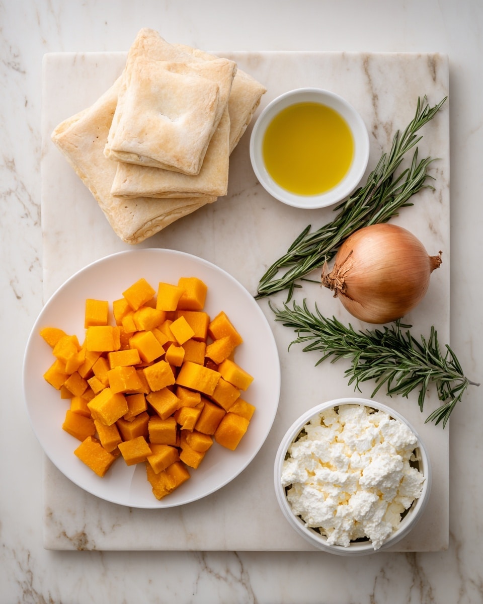 The image shows ingredients on a white marbled surface: two square sheets of light beige puff pastry at the top, a white plate full of small orange pumpkin cubes on the left, a small white bowl with yellow olive oil at the top right, a round brown onion below the oil, a green rosemary sprig next to the onion, and a white bowl with soft white ricotta cheese at the bottom center. photo taken with an iphone --ar 4:5 --v 7