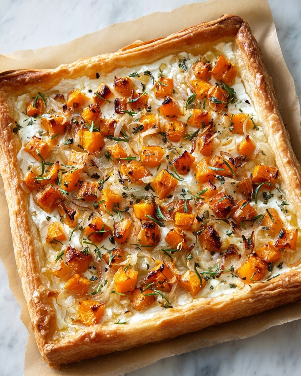 A square tart with a golden brown puff pastry crust showing four distinct raised edges, topped with a smooth light cream spread evenly over the base. On top, there are many small, soft orange roasted cubes that look like sweet potatoes, scattered with thin, translucent white onion slices and small sprigs of green rosemary, all resting on a white marbled surface. photo taken with an iphone --ar 4:5 --v 7