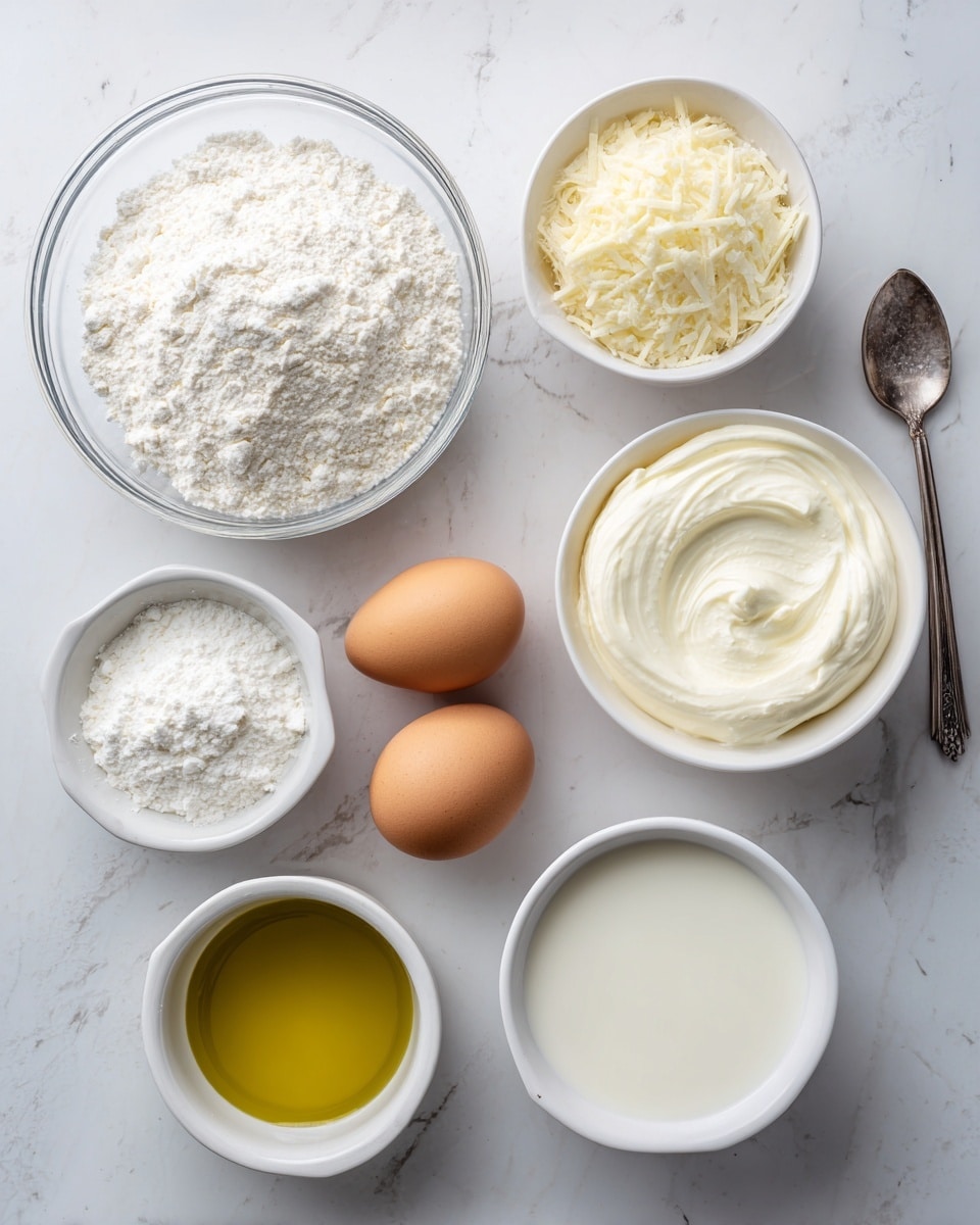 A top-down view of seven ingredients arranged on a white marbled surface: a clear glass bowl filled with white self-rising flour at top left, a white bowl with smooth white sour cream to the right, a white bowl with pale grated cheese below the flour, two brown eggs placed side by side in the middle, a metal spoon holding white salt to the right of the eggs, a white bowl filled with white milk at the bottom right, and a small white bowl with golden olive oil at the bottom left. Each ingredient is labeled with black text placed nearby. Photo taken with an iphone --ar 4:5 --v 7