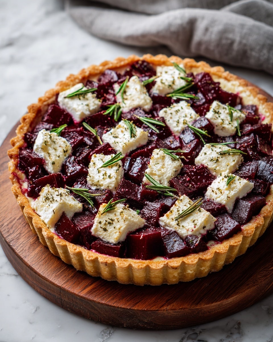 A round tart with a golden-brown crust forms the base, filled with a layer of deep purple beet cubes mixed with small toasted white cheese chunks, and garnished with thin green herb sprigs scattered on top. The tart sits on a round wooden board placed on a white marbled surface, with a gray cloth softly blurred in the background. photo taken with an iphone --ar 4:5 --v 7